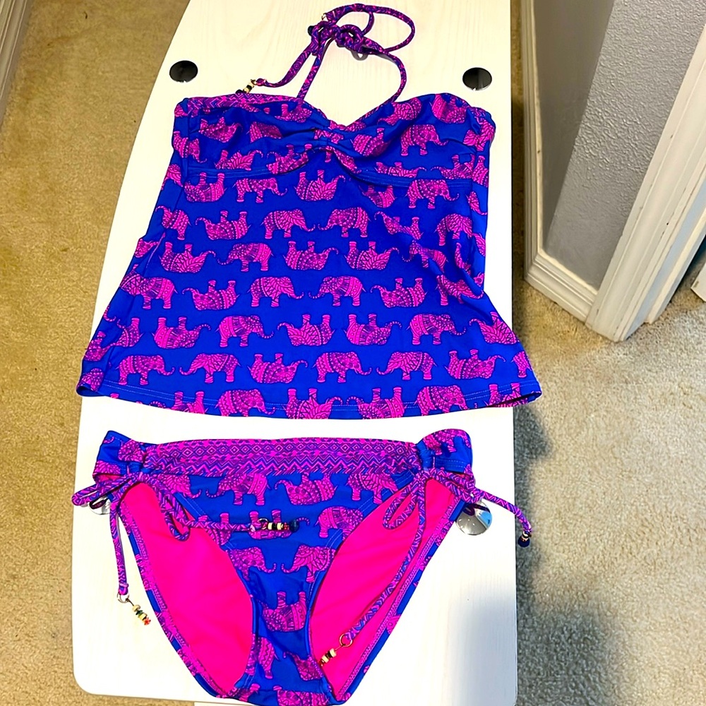 Elephant Tankini Swimsuit Blue Pink Arizona Jean Company medium top/small bottom